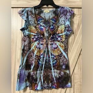 ONE WORLD Butterfly Print Knit Top SZ M